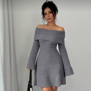 Off-Shoulder Gray Knit Dress